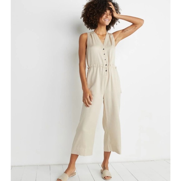 Marine Layer Katy Jumpsuit Womens M Cream Tan Wide Leg Minimalist Beach Boho - Picture 2 of 16